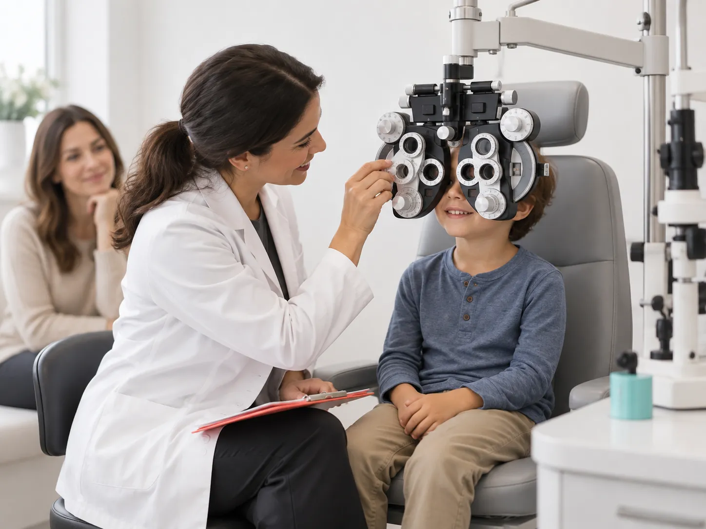 Optométriste effectuant un examen visuel auprès d'un enfant